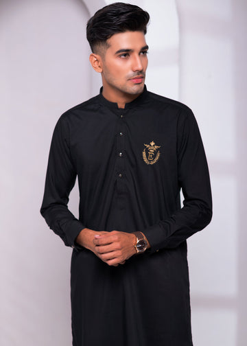 Black Color Golden Signature Embroidered Kurta Pajama For Men